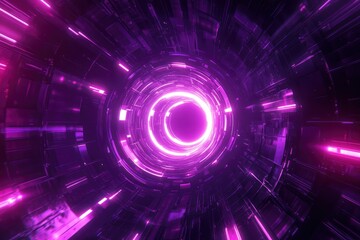 Fototapeta premium Purple neon light streaks radiating from the center on a dark background, evoking themes of technology, big data, and bots , ai