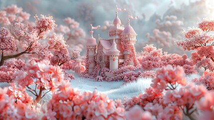 A serene papercraft castle covered in pastel floral patterns, nestled among cherry blossoms, with delicate vines climbing the towers, all softly lit by a warm, ethereal glow,