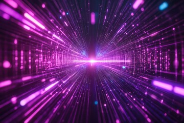Purple neon light streaks radiating from the center on a dark background, evoking themes of technology, big data, and bots , ai
