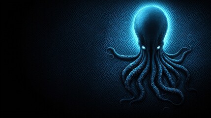 Silhouette of a creature with tentacles emerging from the shadows, with a luminous glow and an elegant, sharp background pattern