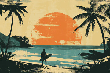 Silhouette Surfer at Sunset with Palm Trees and Ocean