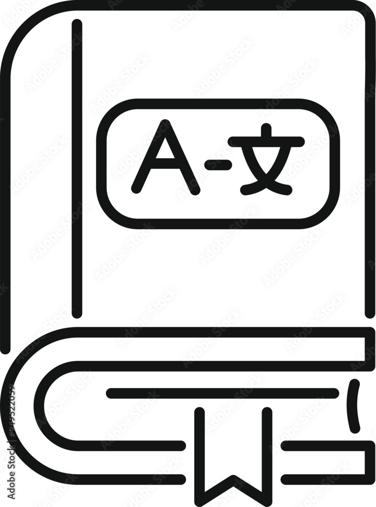 Poster line art icon of a language textbook featuring english and chinese characters for learning a new lan