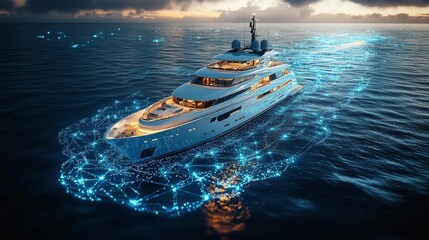 Luxury Yacht with Digital Network Overlay at Sunset Generative AI