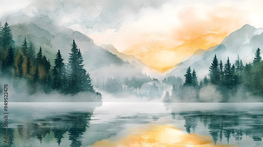 Poster Serene mountain lake at sunrise mist rising and pine trees soft watercolor