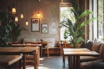 Fototapeta premium A cozy caf? interior with wooden furniture, plants, and warm lighting.