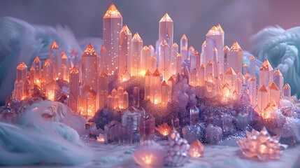 Fototapeta premium A serene papercraft crystal palace with pastel lavender and blue hues, featuring delicate cut-out designs and glittering details, nestled among softly glowing paper crystals,