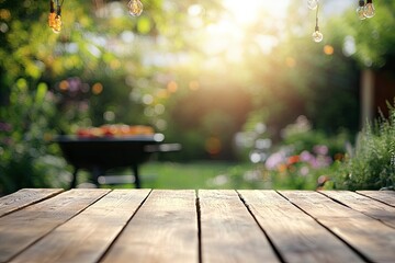 summer time party in backyard garden with grill BBQ, wooden table, blurred background , ai