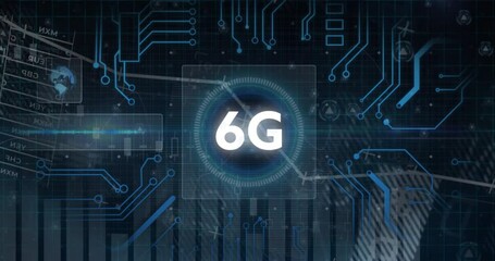 6G technology animation over circuit board and digital interface background - Powered by Adobe