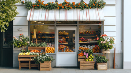 A well-stocked and neatly arranged fruit and vegetable market stand, adorned with fresh flowers under a decorative red-and-white canopy.
