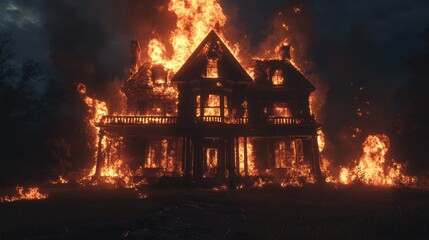 A majestic house stands engulfed in ferocious flames, illuminating the night sky with an intense orange glow.
