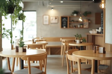 Fototapeta premium A cozy cafe interior with wooden tables, plants, and a relaxed atmosphere.