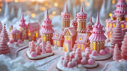 A sweet papercraft gingerbread castle with pastel-colored frosting accents, candy-tipped towers, and gumdrop pathways, set in a charming candy landscape with candy cane trees and marshmallow bushes,