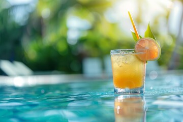A glass of orange juice with a decorative garnish on top, ready to be enjoyed, Sipping a tropical cocktail by the pool