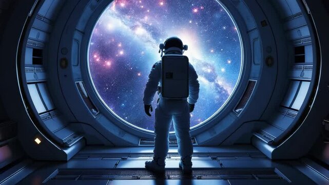 Astronaut gazes at cosmic vista through curved spacecraft window. Distant galaxies and nebulae visible. Sleek interior with metallic surfaces. 
