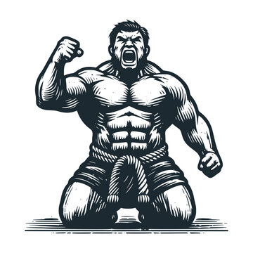 recommend clip art: The big great sumo player. Black white vector illustration.
                    