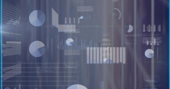 Animating data analytics and visualization with charts and graphs on blue background
