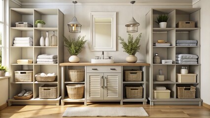 Cluttered minimalist bathroom storage with cream and gray tones reflecting a relaxed casual atmosphere featuring organizer trays and baskets for a tidy guest area sleek and modern