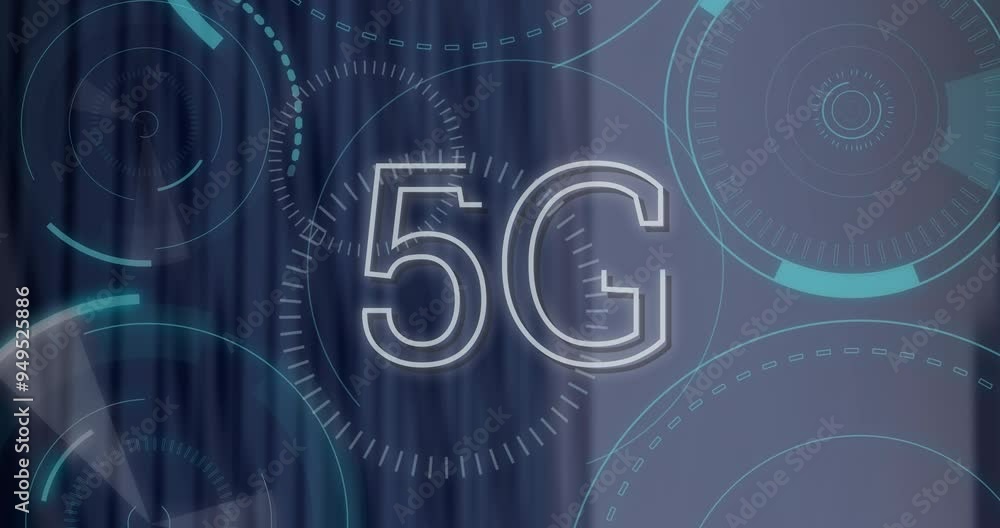 Poster 5g text animation over futuristic circular interface elements in digital display