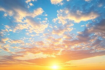 Beautiful sky background - Sunset Sunrise sky with light clouds and real sun , ai