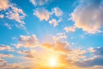 Fototapeta premium Beautiful sky background - Sunset Sunrise sky with light clouds and real sun , ai