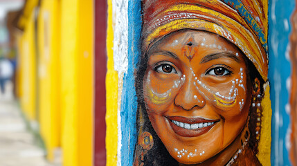 Naklejka premium A colorful street art mural in BogotÃ¡, Colombia, depicting scenes of local culture, history, and social issues, street art, BogotÃ¡, Colombian culture