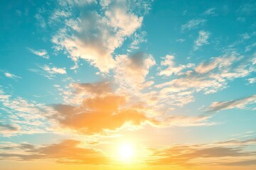 Obraz premium Beautiful sky background - Sunset Sunrise sky with light clouds and real sun , ai