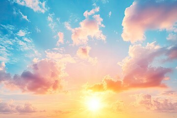 Obraz premium Beautiful sky background - Sunset Sunrise sky with light clouds and real sun , ai