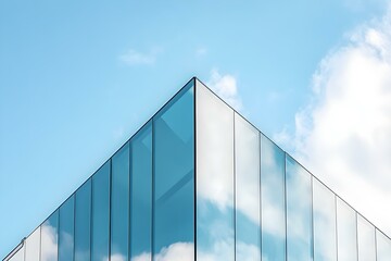 An angular glass building with the reflection of clouds on its surface, against a light blue sky background
