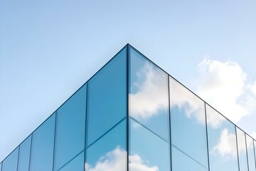 An angular glass building with the reflection of clouds on its surface, against a light blue sky background