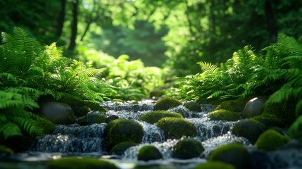 A serene forest stream flows over moss-covered rocks, surrounded by lush greenery and vibrant ferns, inviting tranquility and peace.