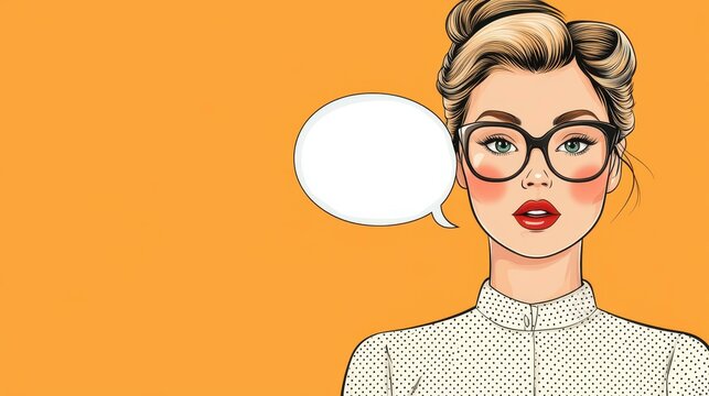 Vintage pinup girl with glasses and rosy cheeks in a fun dotted top, set against a bright orange background.