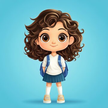 A delightful depiction of a cheerful young girl in a vibrant school uniform, surrounded by charming cartoonish characters.