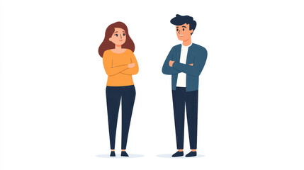 A cheerful woman engages with a man, showcasing a friendly conversation through their expressive body language in vibrant colors.