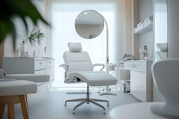 Fototapeta premium A modern dermatologist's office with white furnishings and a comfortable chair