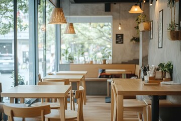 Fototapeta premium A cozy restaurant interior with wooden furniture and plants, inviting for dining.