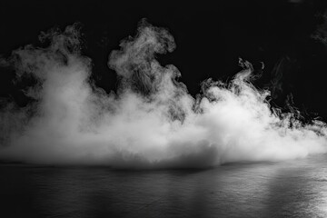 White smoke or fog flow on floor. Large mist in dark room on black background. Smoke on stage studio, ai