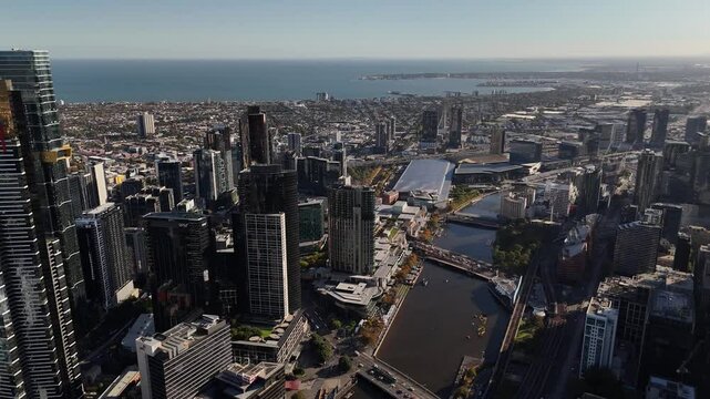4K60 Drone Aerial Video of Melbourne CBD in the day, Yarra River