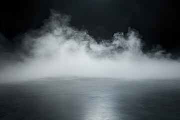 Fototapeta premium White smoke or fog flow on floor. Large mist in dark room on black background. Smoke on stage studio, ai