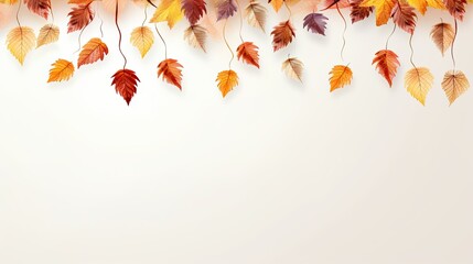 A collection of delicate autumn leaves hanging from strings with a blank space. 