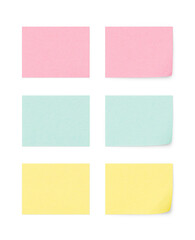 A set of small rectangular sticky notes with shadows. pink, green, yellow