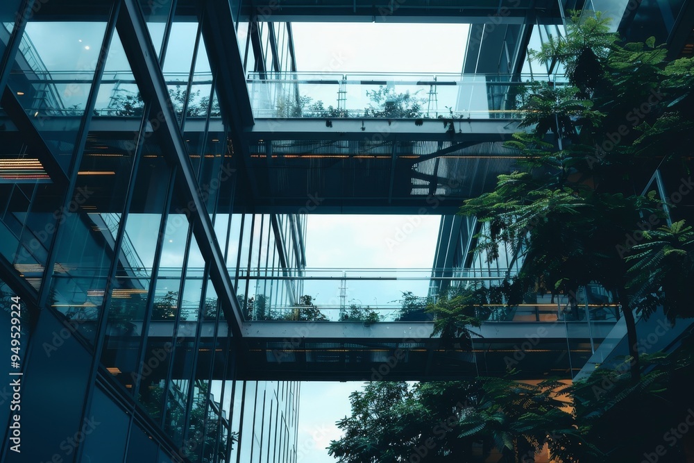 Poster a very tall building with numerous windows, showcasing modern architecture and design, sky bridges c