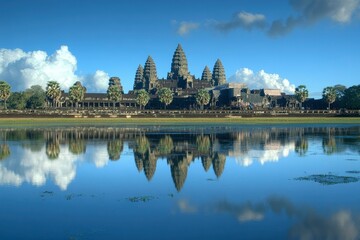 Naklejka premium Angkor Wat Temple Reflecting in Still Water Under a Blue Sky