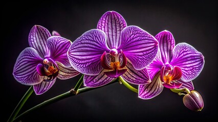 Fototapeta premium Dramatic macro shot of rare orchid species with striking purple veins against inky black isolated background accentuating intricate textures and sensual curves