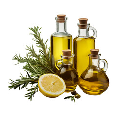 bottles of olive oil and lemon are displayed on a transparent background.