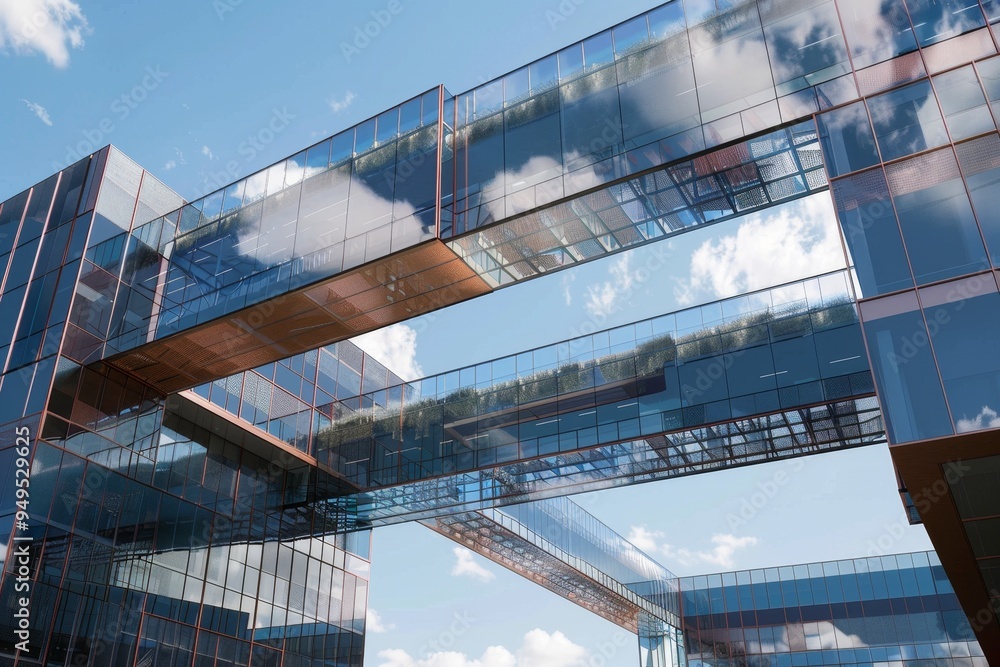Poster glass building against sky background with sky bridges connecting different sections, sky bridges co