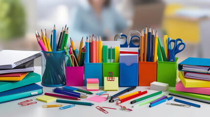 Fototapeta premium Colorful and Organized Still Life of School Supplies stationery items pencils colors notebooks calender display