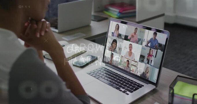 Participating in online meeting, person with laptop discussing growth in learning animation