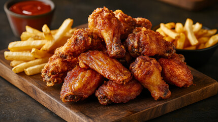 A pile of fried chicken wings on a wooden board, accompanied by side dishes such as fries and ketchup