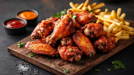 A pile of fried chicken wings on a wooden board, accompanied by side dishes such as fries and ketchup