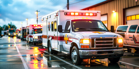 Emergency Response Readiness: A line of ambulances stands ready, lights flashing, prepared for any situation. 